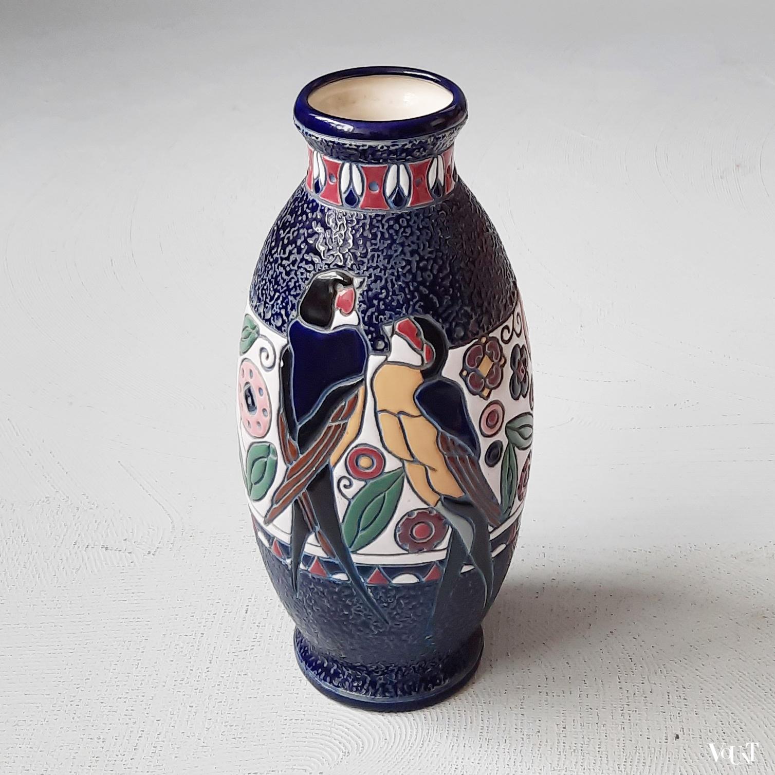 leeg ras dichtheid Art deco vaas papegaaien Amphora, rond 1930