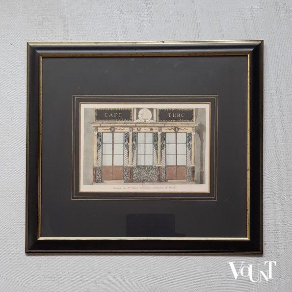 Set van 2 ingelijste litho's winkelfaçades Parijs rond 1800, uitgave 1925