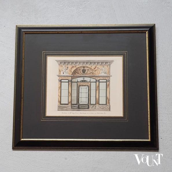 Set van 2 ingelijste litho's winkelfaçades Parijs rond 1800, uitgave 1925