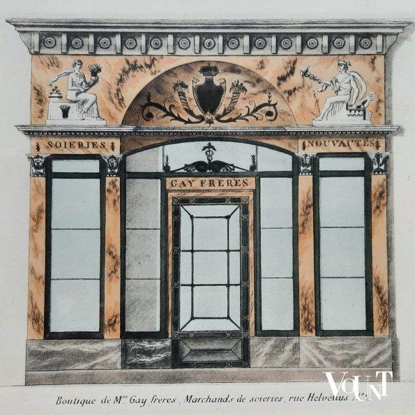 Set van 2 ingelijste litho's winkelfaçades Parijs rond 1800, uitgave 1925