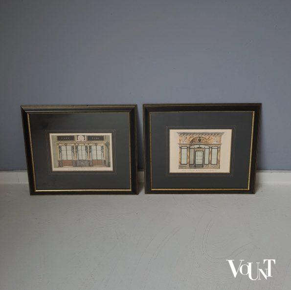 Set van 2 ingelijste litho's winkelfaçades Parijs rond 1800, uitgave 1925